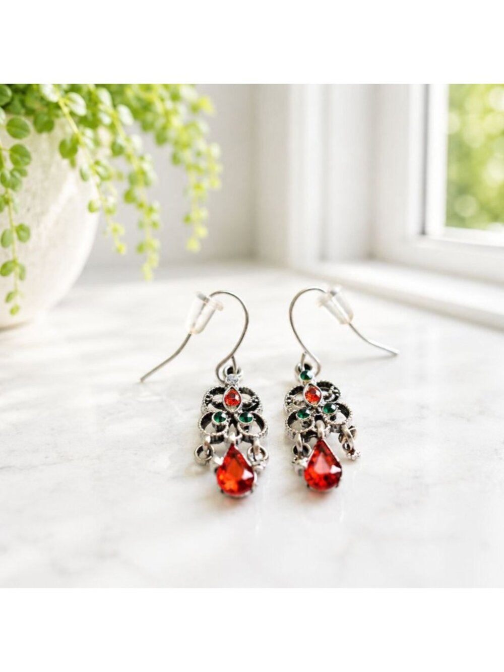 Vintage Silver Tone Dangle Earrings With Red & Green Crystal Accents